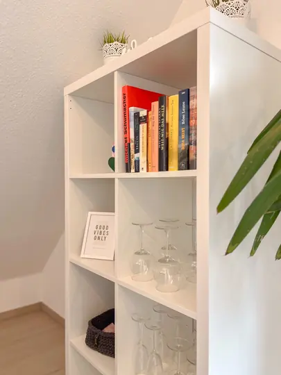 Decorative shelving in the living and dining area