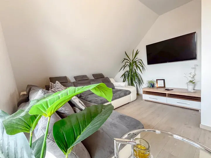 Wohnzimmer mit großer Sofalandschaft, Fernseher und Pflanzen