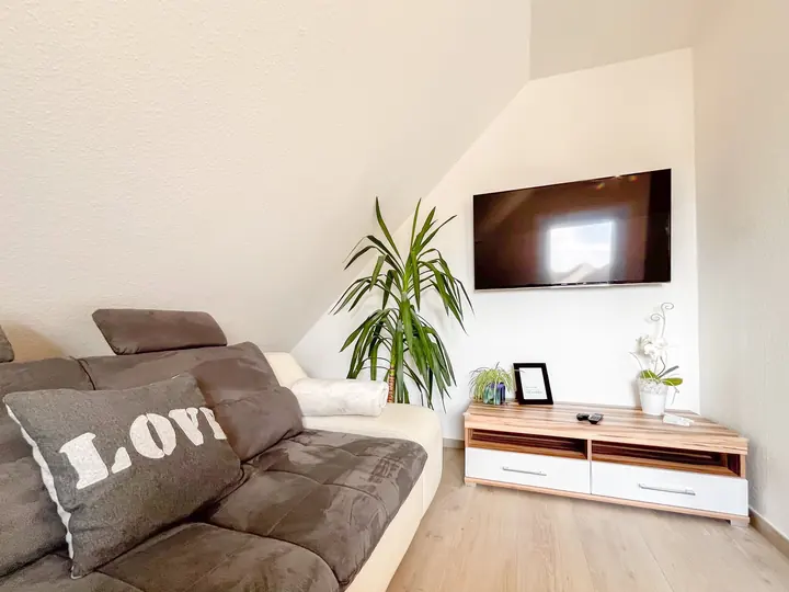 Living room with television, sofa and decorative cushions